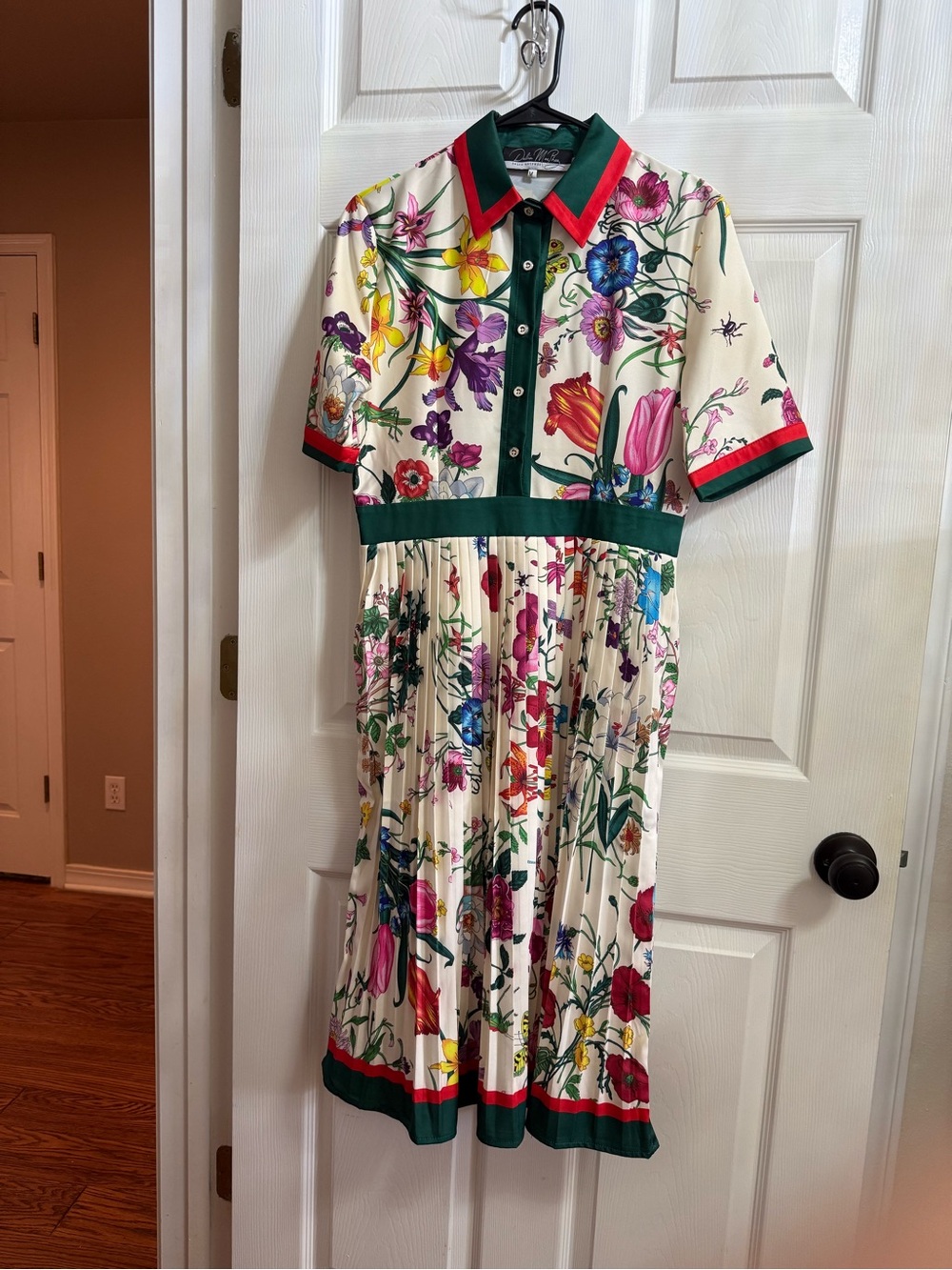 Cream Floral Pleated Midi Dress with Green Trim